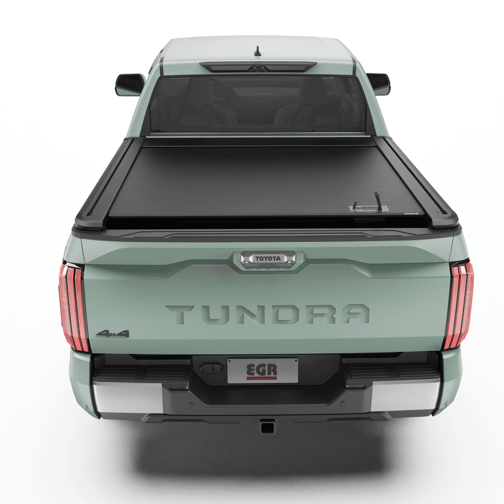 Toyota Tundra 2024 fitted with EGR RollTrac Manual tonneau cover, showcasing secure aluminium roller slat design and clean factory-style integration