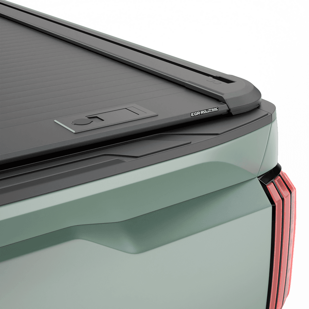 EGR RollTrac Manual roller tonneau cover installed on Toyota Tundra 2024, featuring low-profile aluminium slats with satin black powder-coated finish