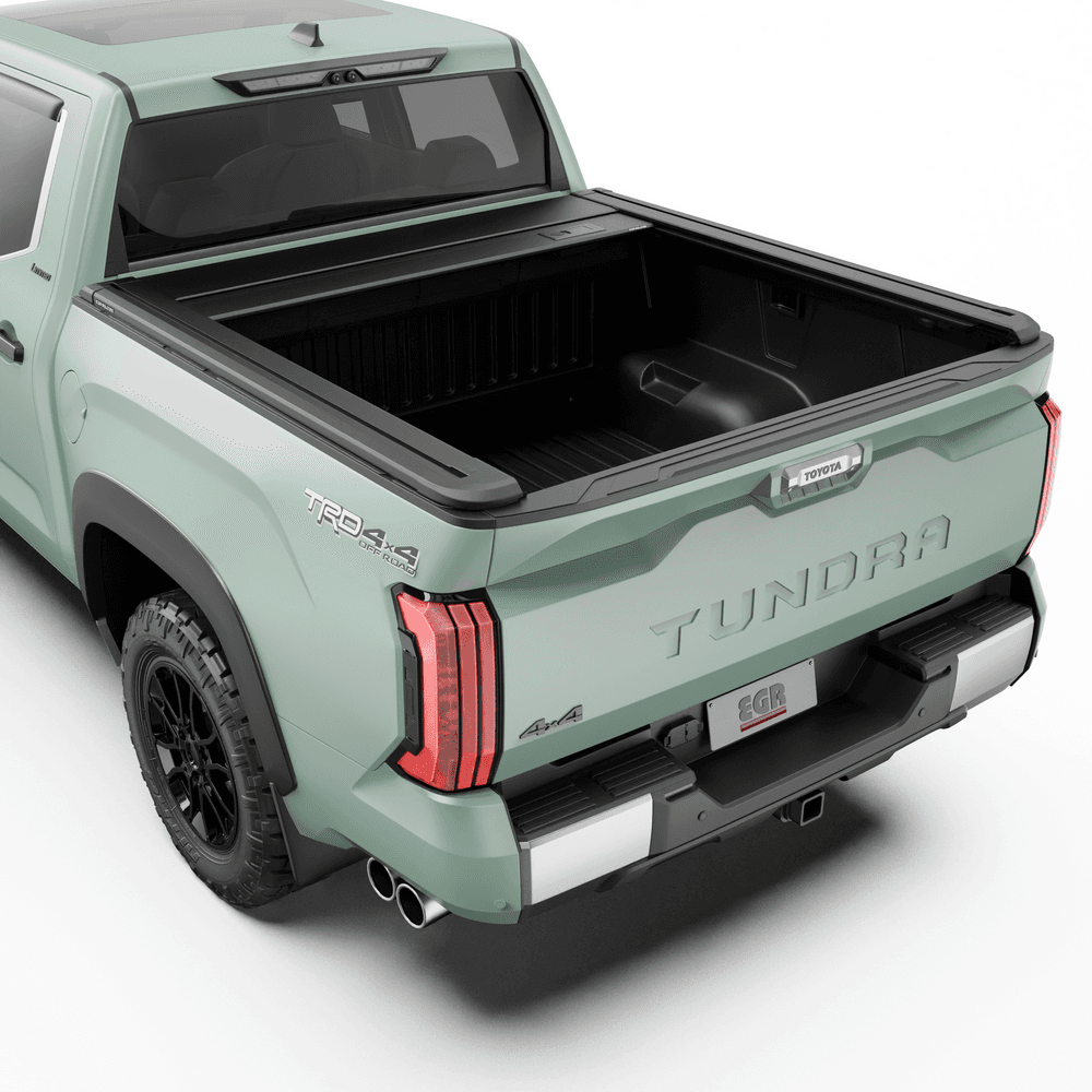Toyota Tundra 2024 fitted with EGR RollTrac Manual roller tonneau cover, showing secure aluminium slat tub coverage from rear angle