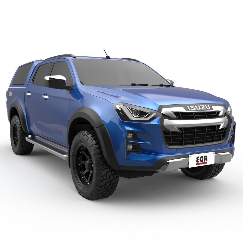 Close front view of Isuzu D-Max with EGR Fender Flares, displaying OEM-painted finish and seamless integration with bumper sensors