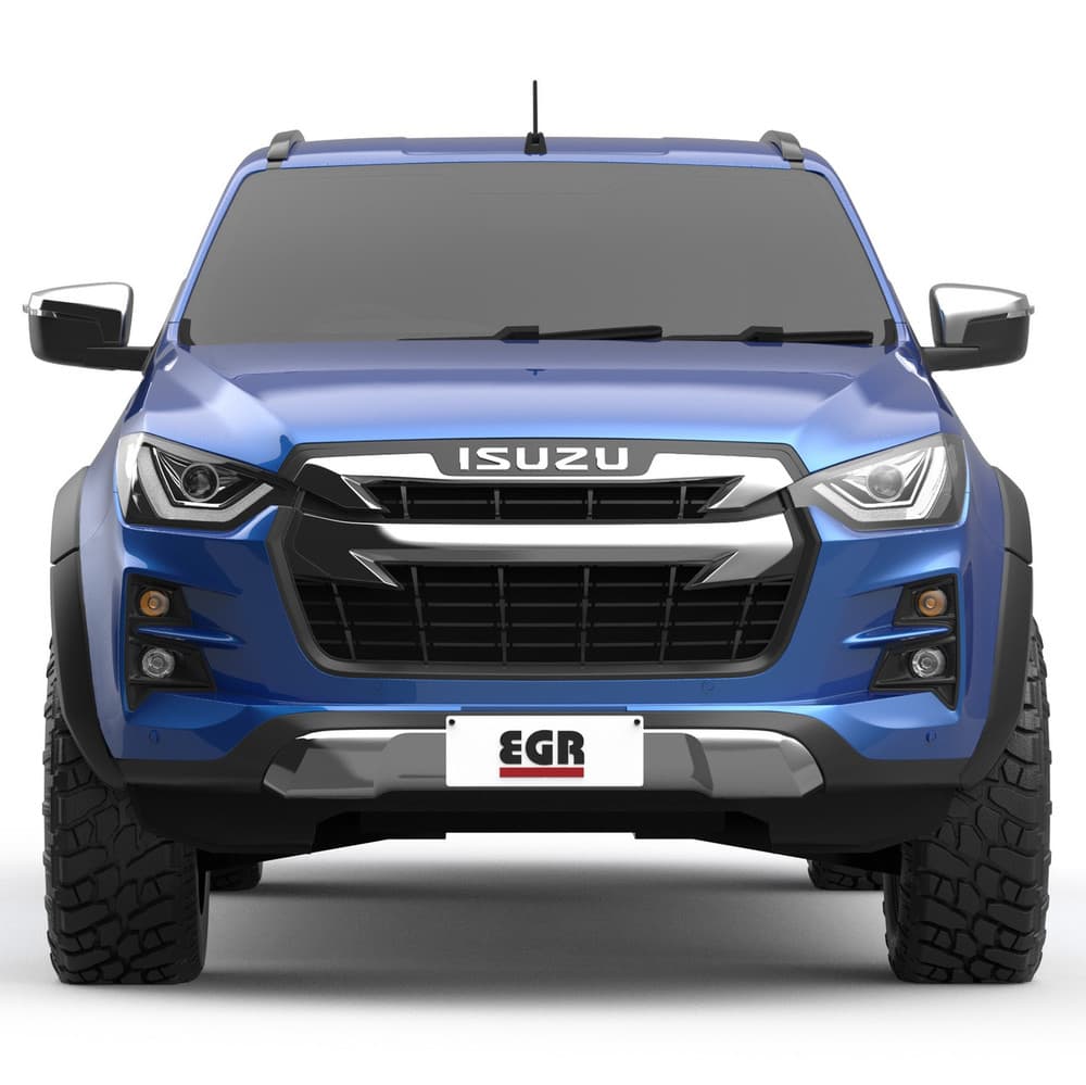 Front-facing Isuzu D-Max with EGR Fender Flares installed, showcasing rugged stance and enhanced off-road appearance