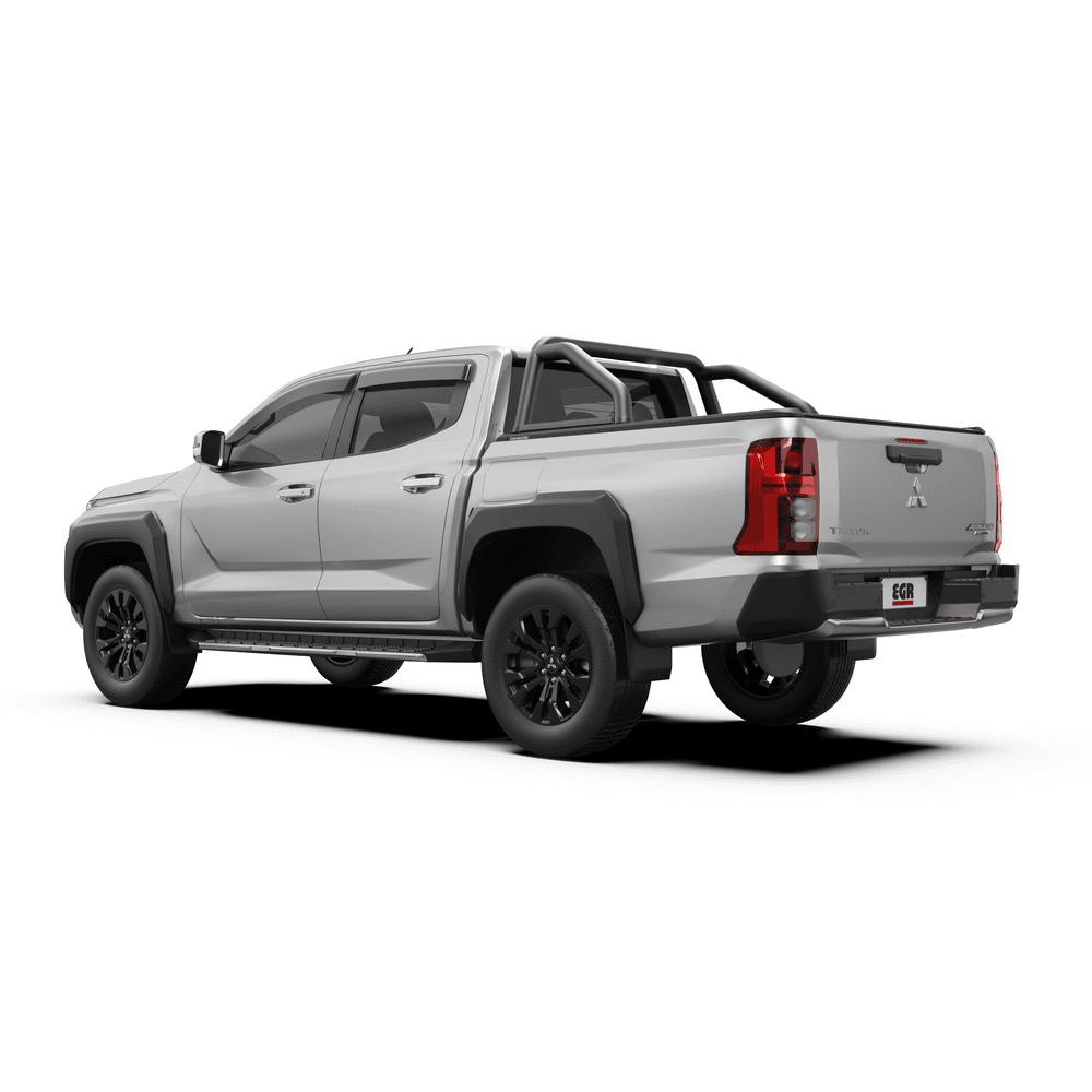 Rear angle of Mitsubishi Triton MV fitted with EGR RollTrac Sports Bar, black powder-coated finish matched to RollTrac tonneau cover