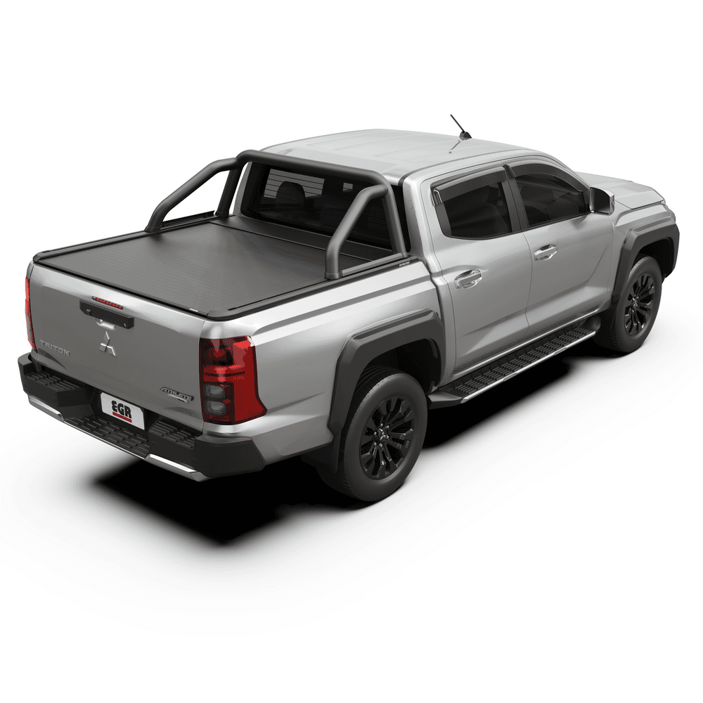 Rear angle of Mitsubishi Triton MV fitted with EGR RollTrac Sports Bar, black powder-coated finish matched to RollTrac tonneau cover