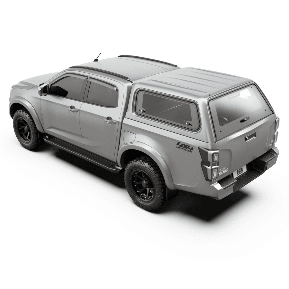 Isuzu D-Max dual cab with EGR Core Canopy showing smooth OEM-finish canopy design and lift-up side windows
