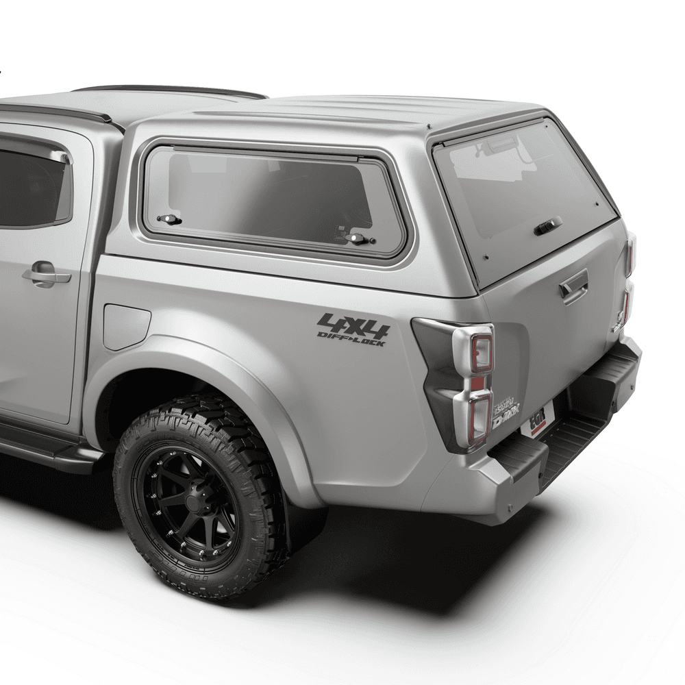 Close-up view of EGR Core Canopy on Isuzu D-Max showing smooth finish, tinted glass, and premium build quality