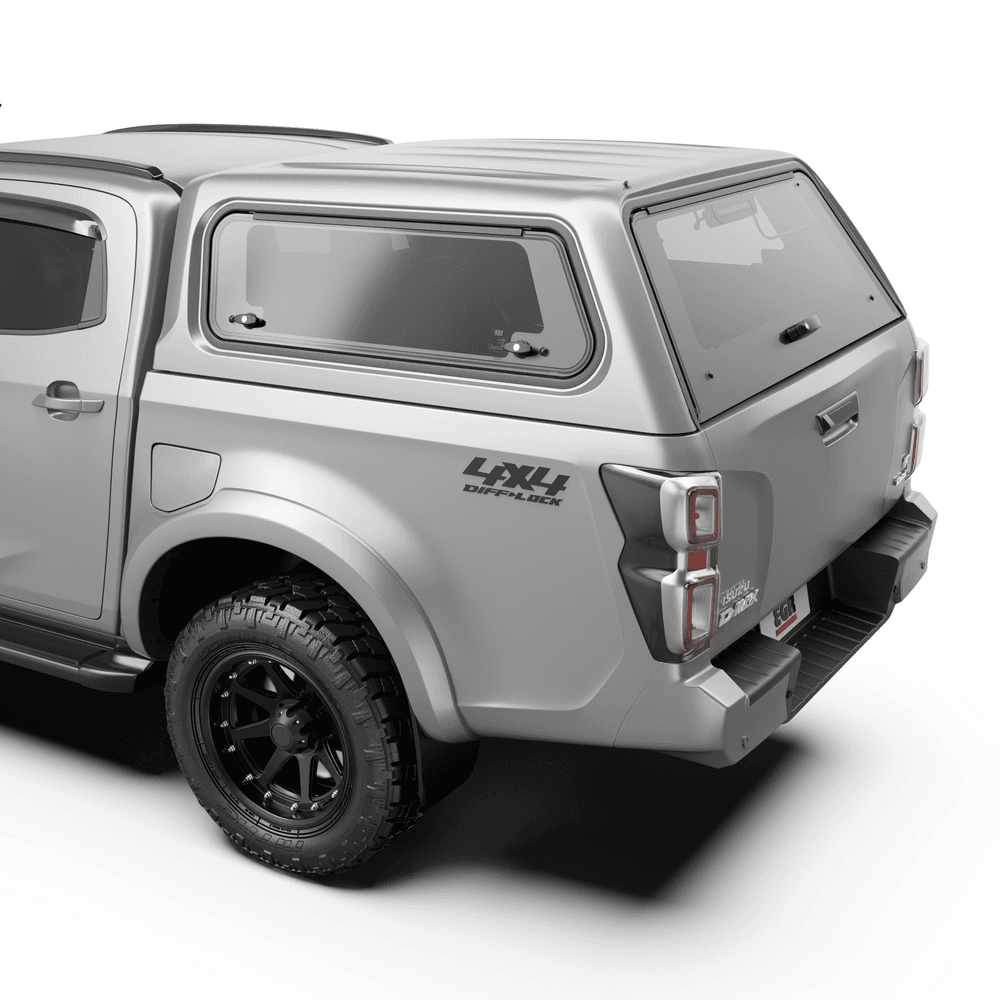 Close-up view of EGR Core Canopy on Isuzu D-Max showing smooth finish, tinted glass, and premium build quality