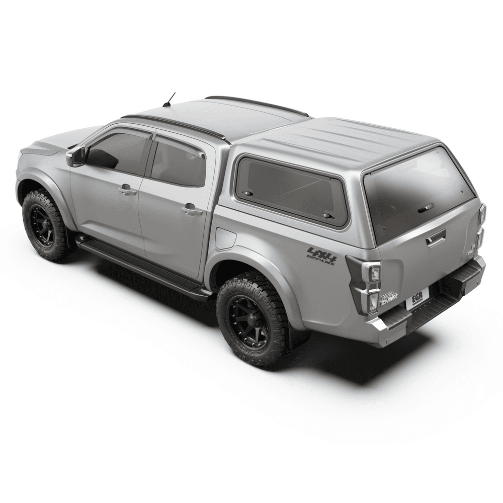 Rear three-quarter view of Mazda BT-50 Core Canopy highlighting lift-up side windows and secure rear access