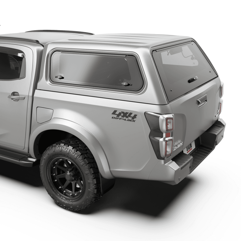 Close rear view of Mazda BT-50 Core Canopy showing fold-down front window and robust canopy design