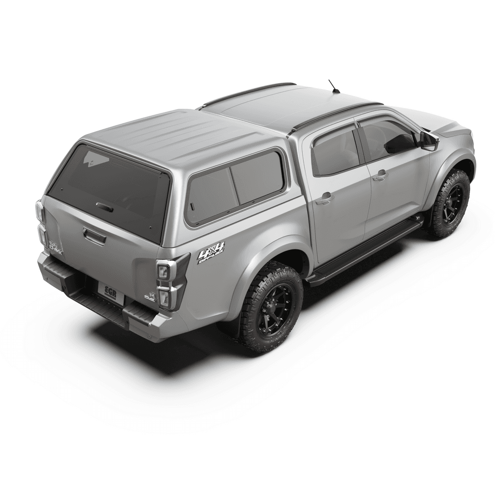 Angled rear view of EGR Core Canopy on Mazda BT-50 displaying frameless tinted windows and clean factory fit