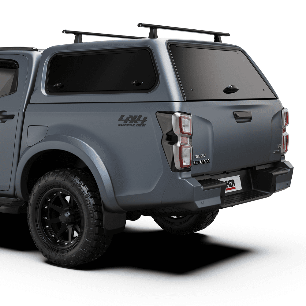 Rear three-quarter view of Isuzu D-Max Core Canopy with EGR heavy duty roof rack system mounted