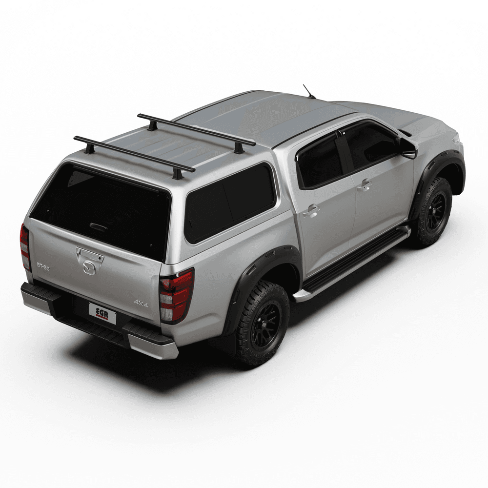 Rear angle of Mazda BT-50 with EGR Core Canopy and 150kg-rated roof rack system installed