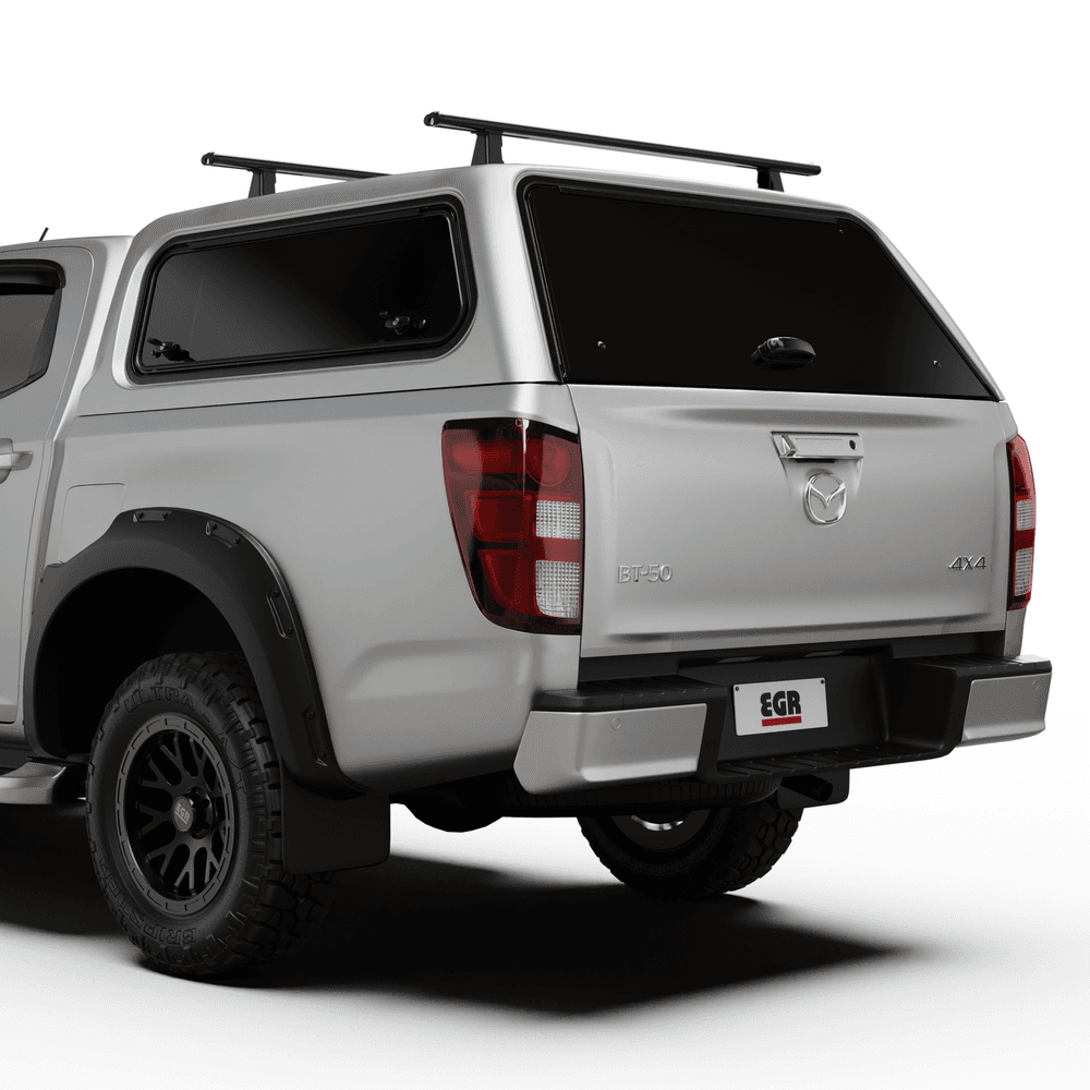 Top view of EGR Core Canopy Roof Rack Kit on Mazda BT-50, showing black powder-coated internal support frame