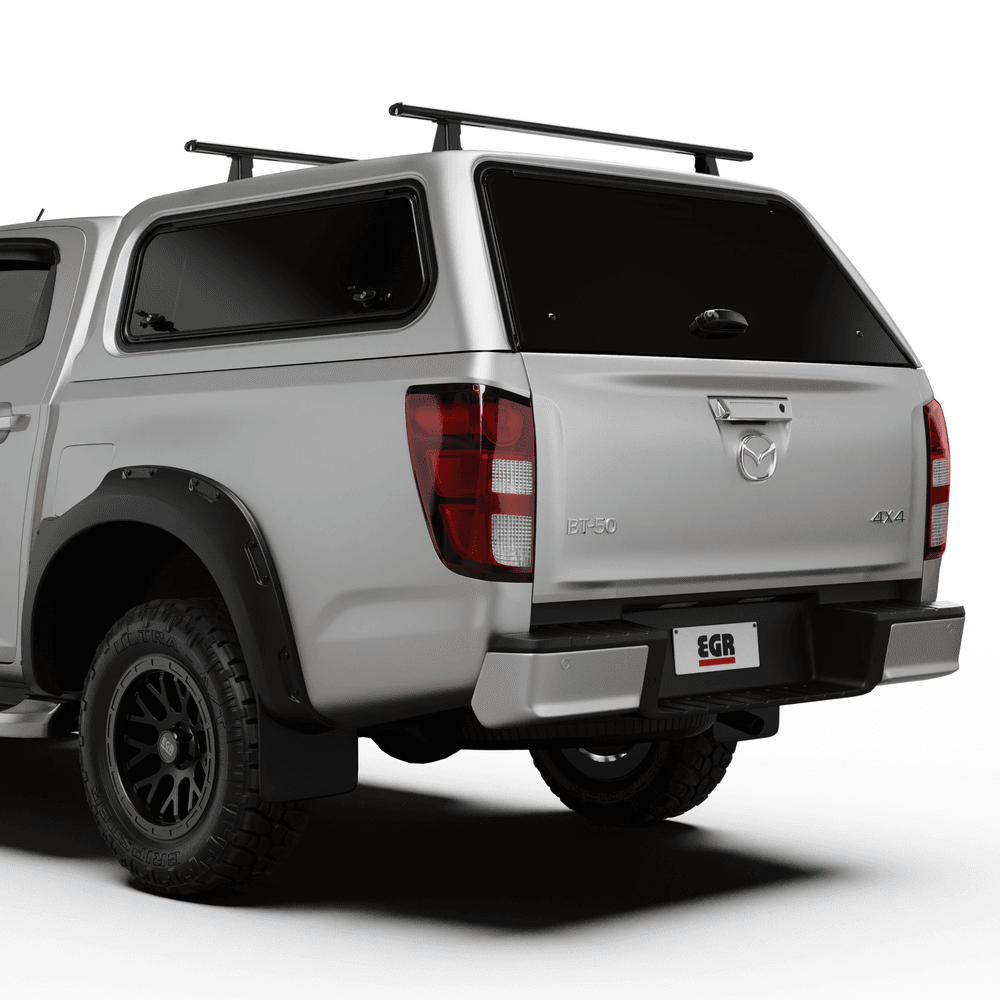 Top view of EGR Core Canopy Roof Rack Kit on Mazda BT-50, showing black powder-coated internal support frame