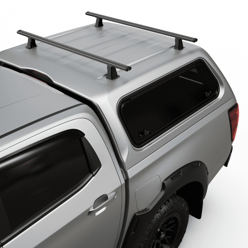 Top view of EGR Core Canopy Roof Rack Kit on Mazda BT-50, showing black powder-coated internal support frame