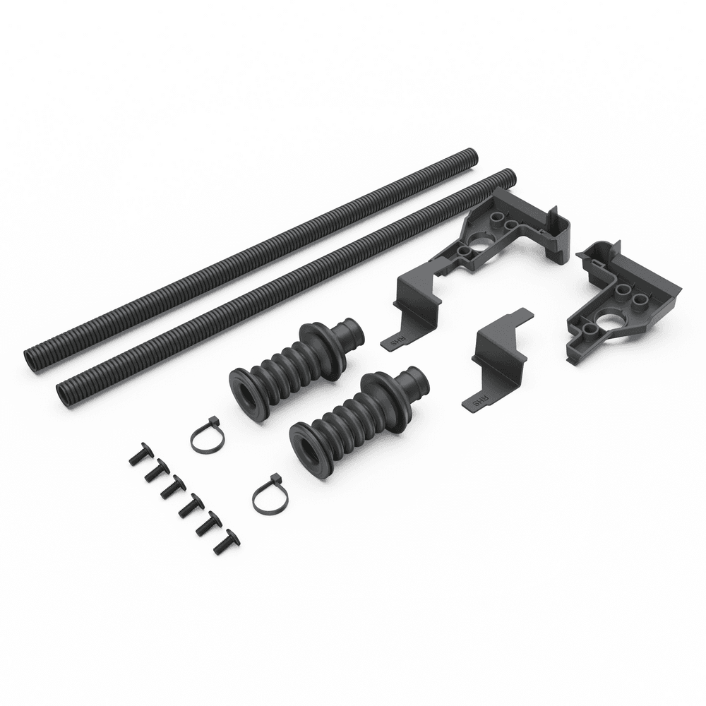 EGR RollTrac rear drainage kit components including drain tubes, connectors and mounting hardware for Ford Ranger RA and Volkswagen Amarok NF tonneau cover water management system.