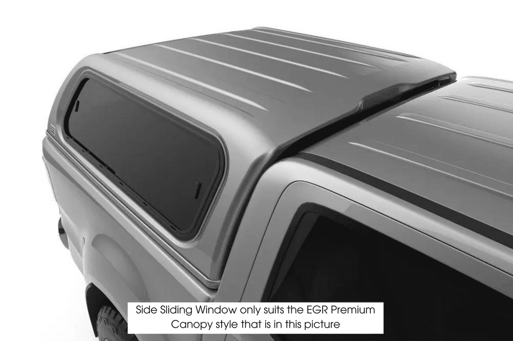 Passenger side sliding window fitted to EGR Premium Canopy, showing single-pane sliding glass design for improved ventilation and access