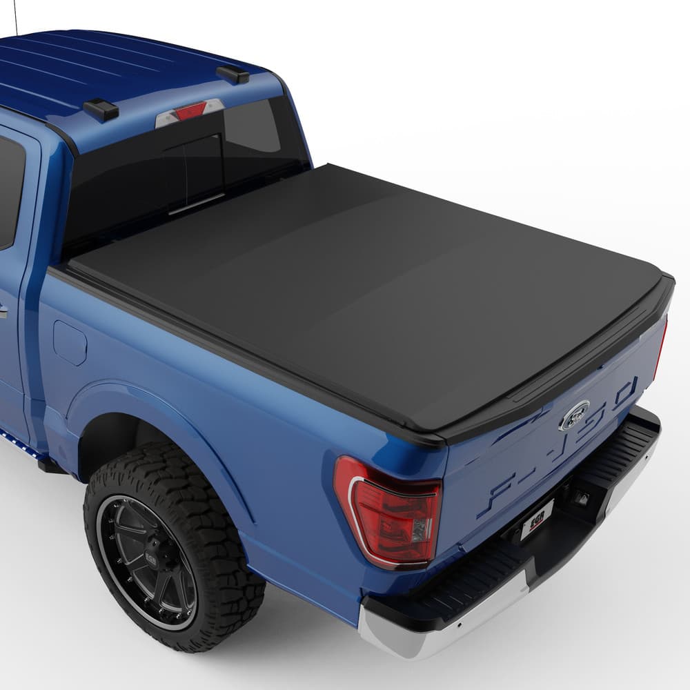 Rear three-quarter view of Ford F150 fitted with EGR Soft Tonneau Cover on open deck, showing low-profile design and secure tailgate fit