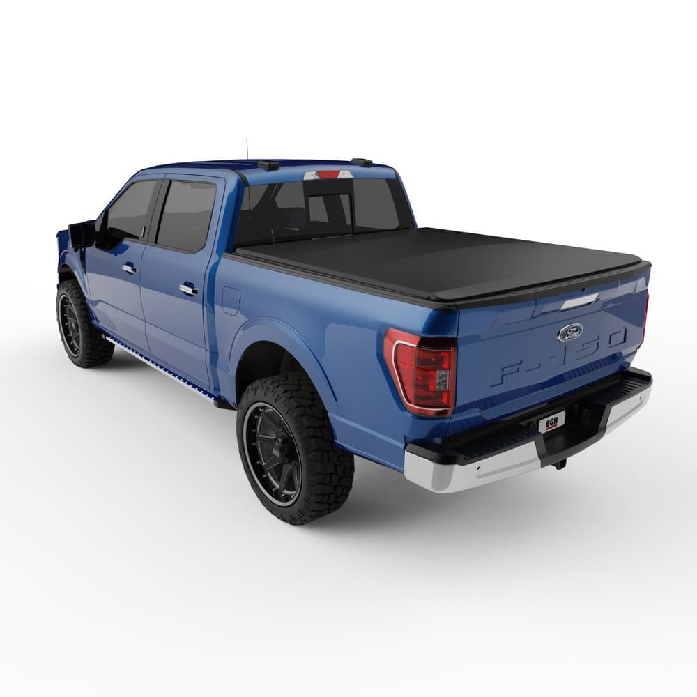 Close-up view of EGR Soft Tonneau Cover on Ford F150 tub, showing tight fit, clean edges, and bungee-free design