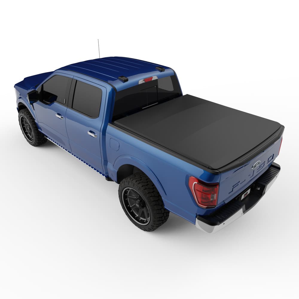 Angled rear view of Ford F150 open deck with EGR Soft Tonneau Cover installed, highlighting smooth roll-up access and weather-resistant finish