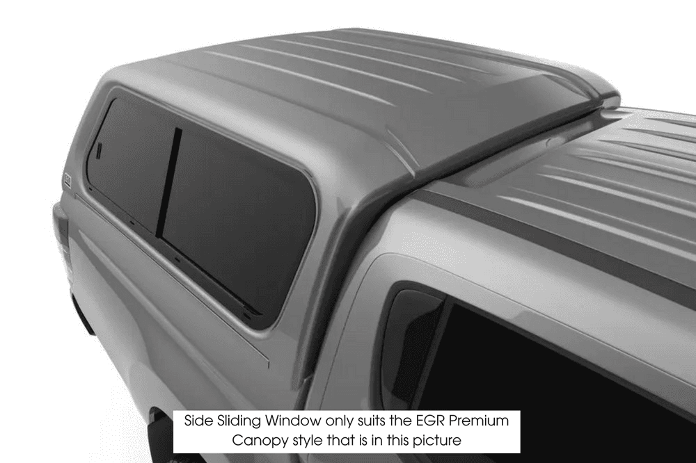 Driver side sliding window fitted to EGR Premium Canopy, showing single-pane design for improved airflow and ventilation