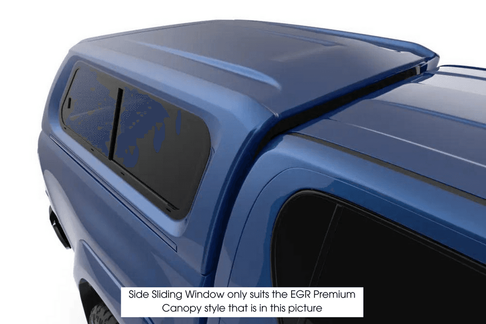 Close-up of EGR Premium Canopy driver side sliding window with smooth sliding mechanism and tinted glass