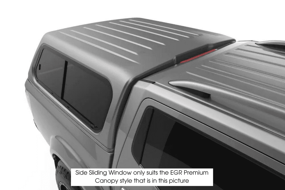 EGR Premium Canopy drivers side sliding window installed, providing secure ventilation and easy access