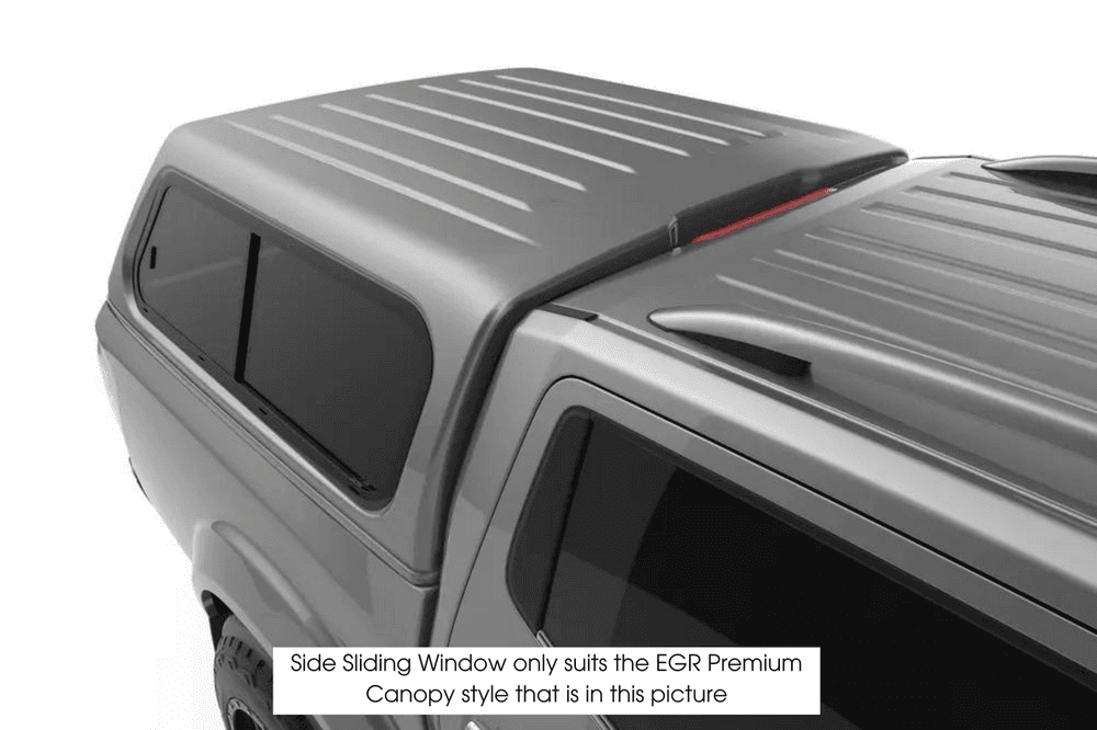 EGR Premium Canopy drivers side sliding window installed, providing secure ventilation and easy access