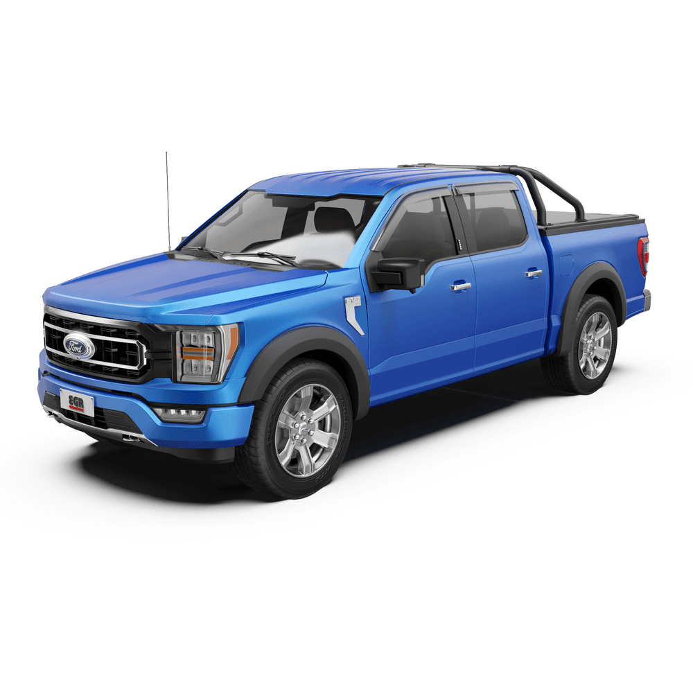 Angled view highlighting EGR RollTrac Sports Bar design and aluminium construction on Ford F150