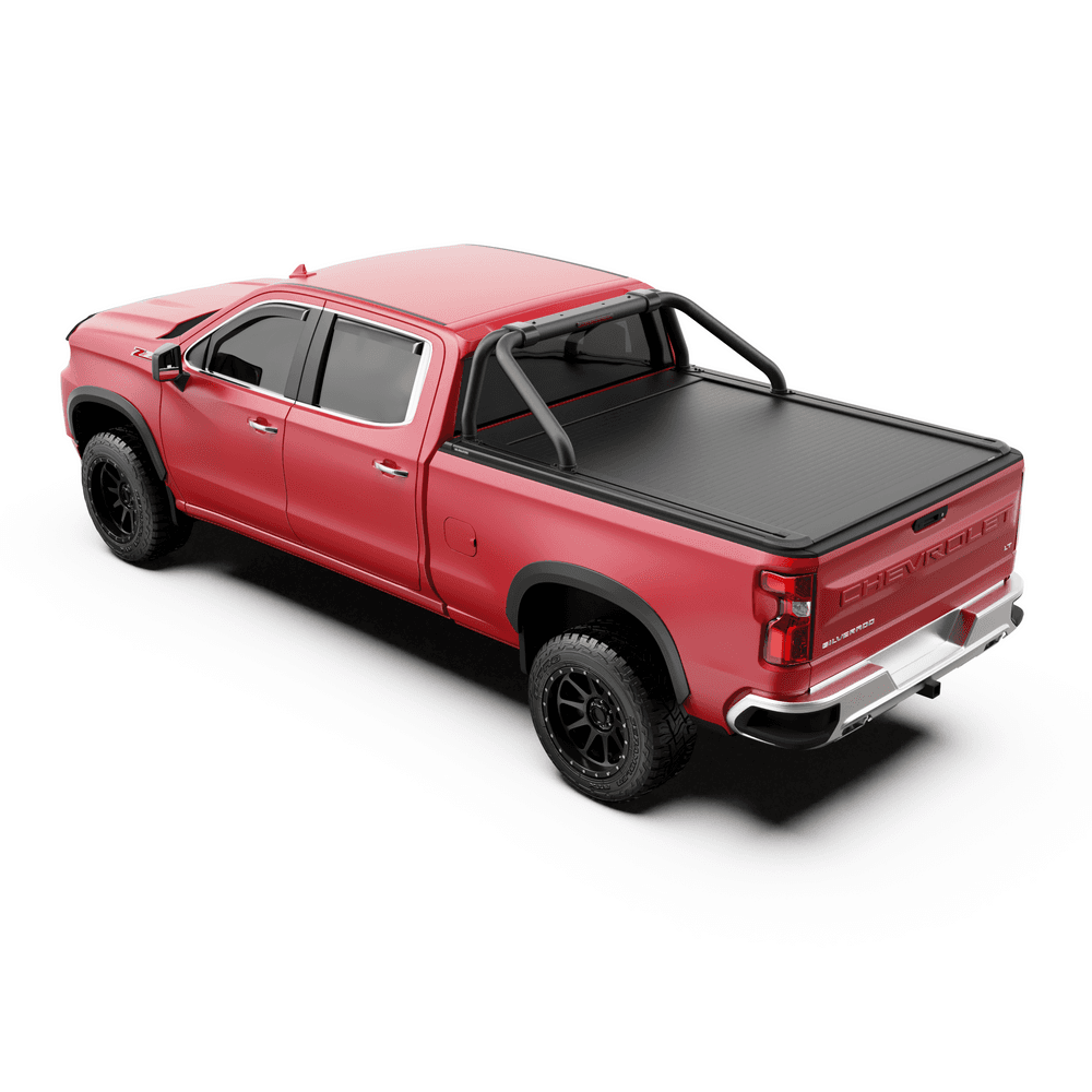 Rear side view of red Chevrolet Silverado 1500 with EGR RollTrac Sports Bar fitted
