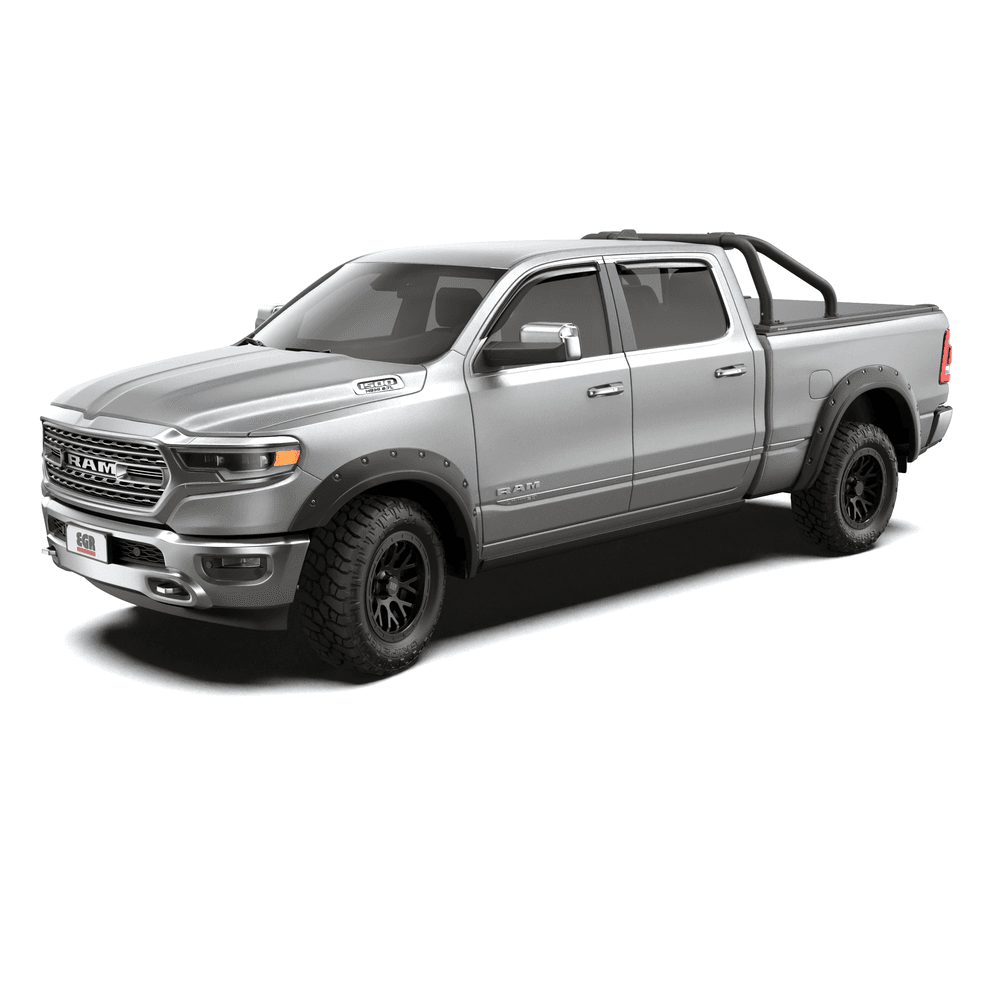 EGR RollTrac Sports Bar installed on RAM 1500 showing rear angle with RollTrac bed cover and black powder-coated finish