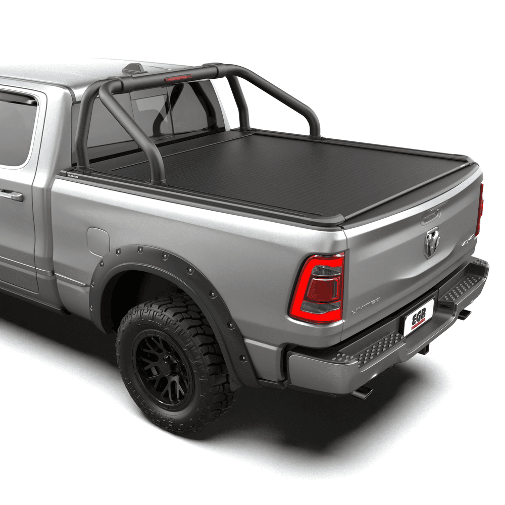 EGR RollTrac sports bar fitted to RAM 1500 with aluminium tubing, black powder-coat finish, and integrated mounting system on RollTrac bed cover thumbnail