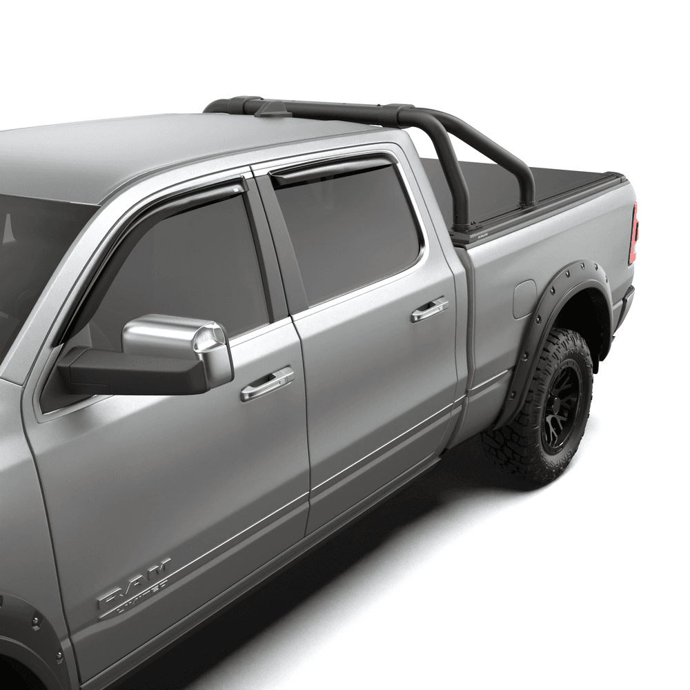 Side view of RAM 1500 fitted with EGR RollTrac Sports Bar highlighting integrated mounting with RollTrac system