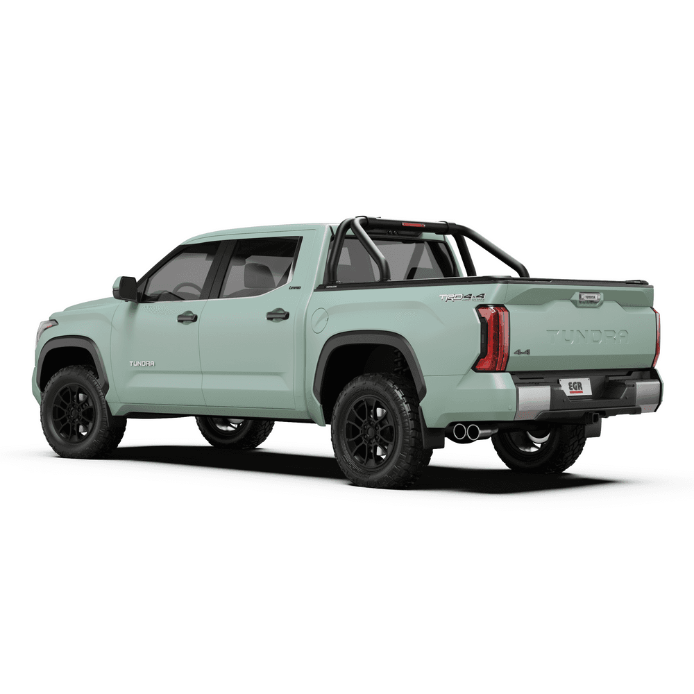 Toyota Tundra 2024 fitted with EGR RollTrac Sports Bar shown from side angle, highlighting black powder-coated finish and RollTrac integration