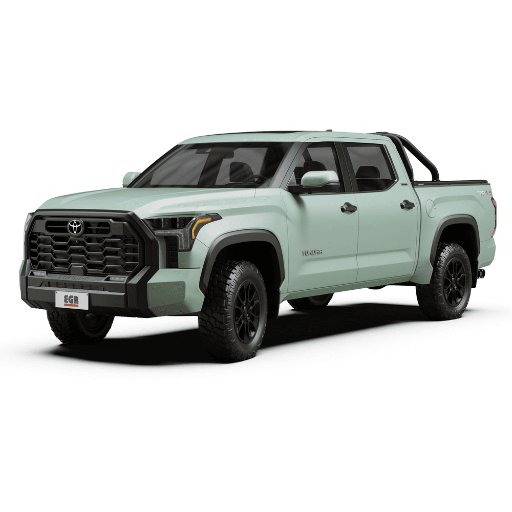 Front angle of Toyota Tundra 2024 featuring EGR RollTrac Sports Bar with high-mount LED brake light