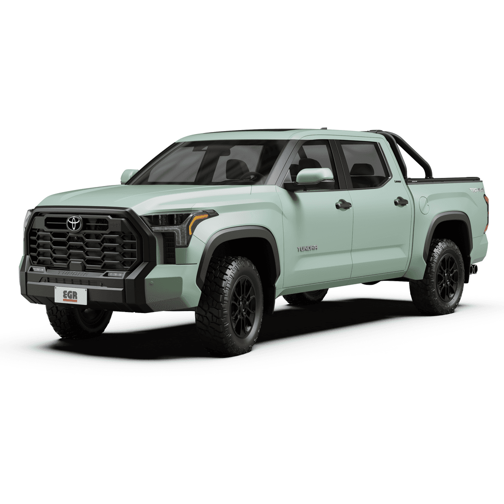 Front angle of Toyota Tundra 2024 featuring EGR RollTrac Sports Bar with high-mount LED brake light