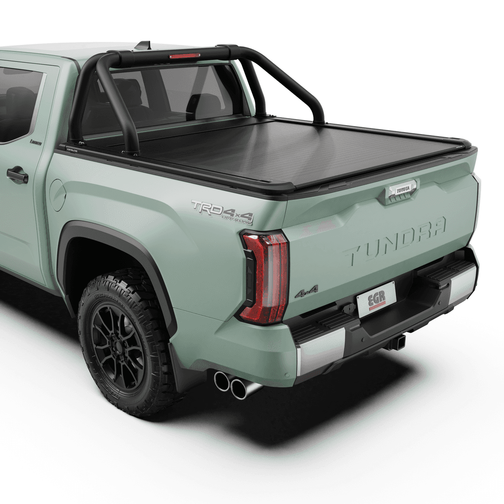 Angled rear view of Toyota Tundra 2024 showcasing EGR RollTrac Sports Bar designed for off-road and utility use