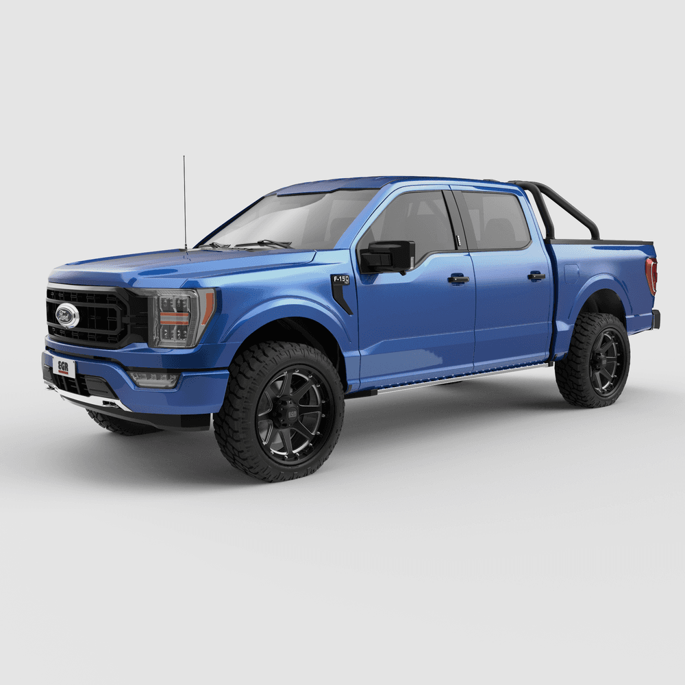 Angled rear view of Ford F-150 with EGR Sports Bar installed, highlighting low-profile design and integrated LED brake light