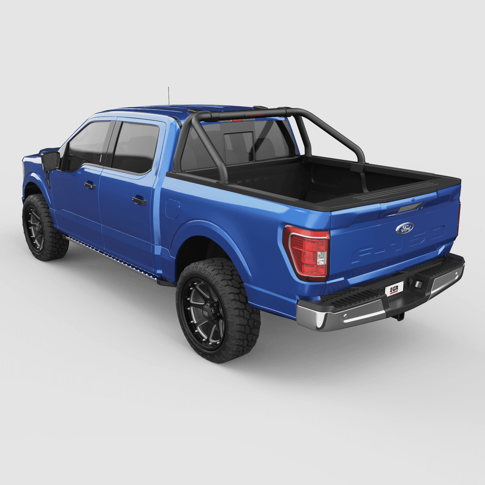 Side view of Ford F-150 showcasing EGR Sports Bar with 3-inch steel tubing and factory-style fitment