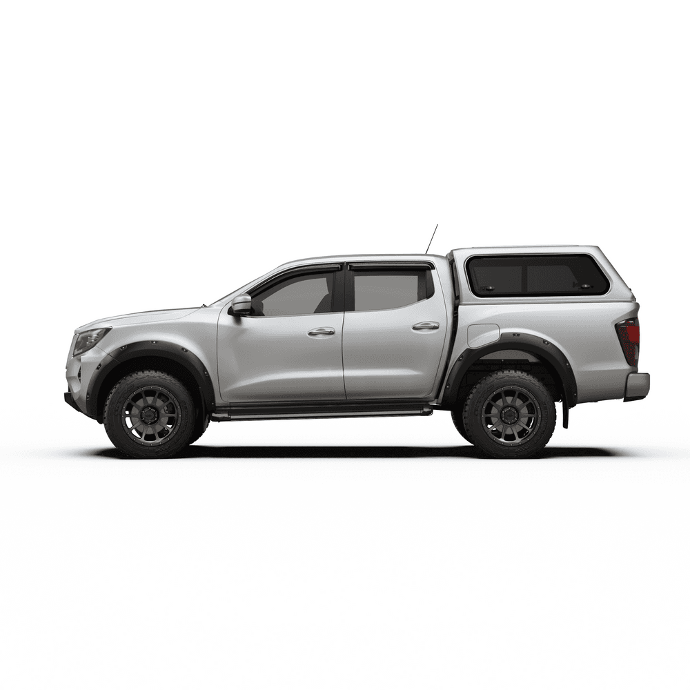 Nissan Navara NP300 fitted with EGR Core Canopy showing side profile, OEM-matched paint finish and frameless tinted windows