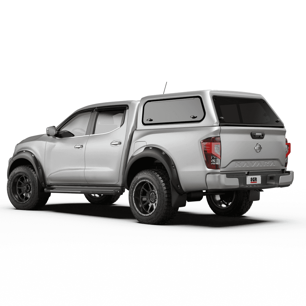 Rear angled view of Nissan Navara NP300 with EGR Core Canopy, featuring lift-up rear door and secure locking system