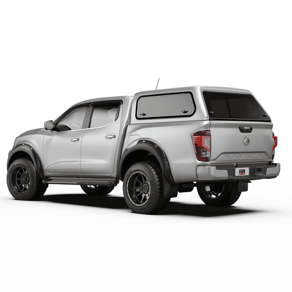 Rear angled view of Nissan Navara NP300 with EGR Core Canopy, featuring lift-up rear door and secure locking system