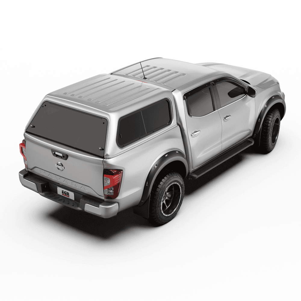 Rear view of EGR Core Canopy on Nissan Navara NP300, showing central slam-latch handle and tinted rear window