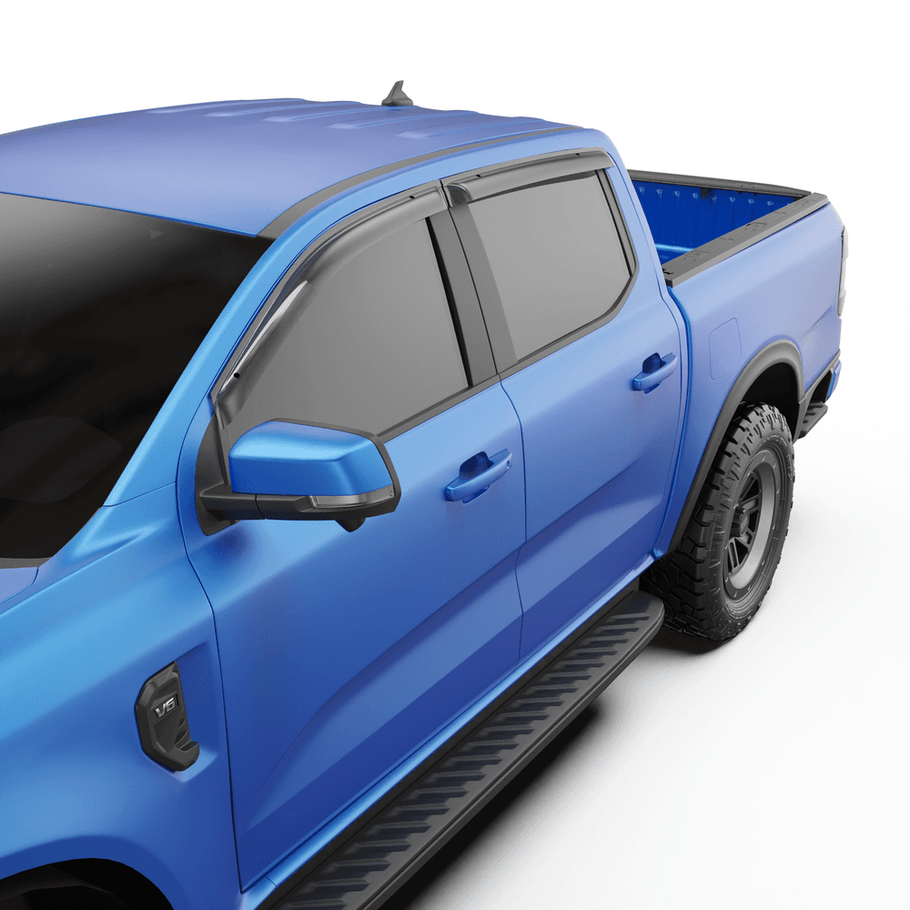 Angled view highlighting EGR slimline weather shields allowing window ventilation in wet conditions on Ford Ranger