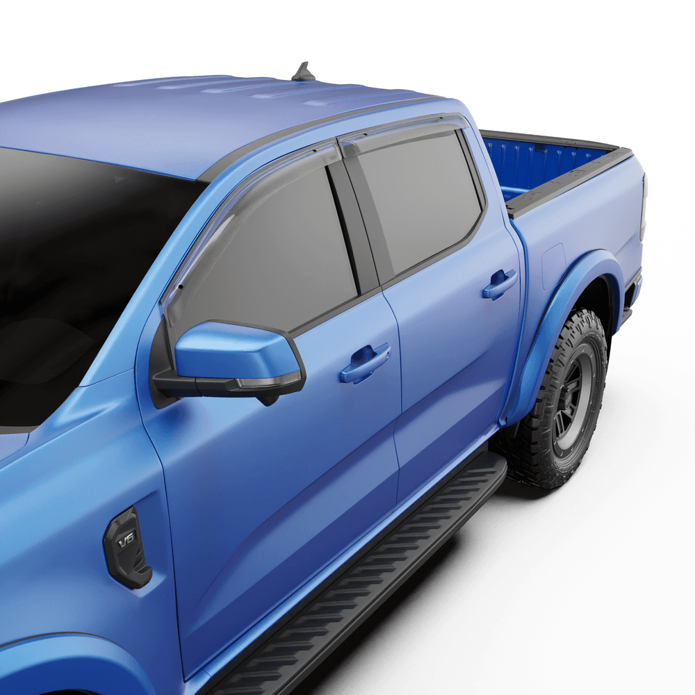 Angled view highlighting EGR slimline weather shields allowing window ventilation in wet conditions on Ford Ranger