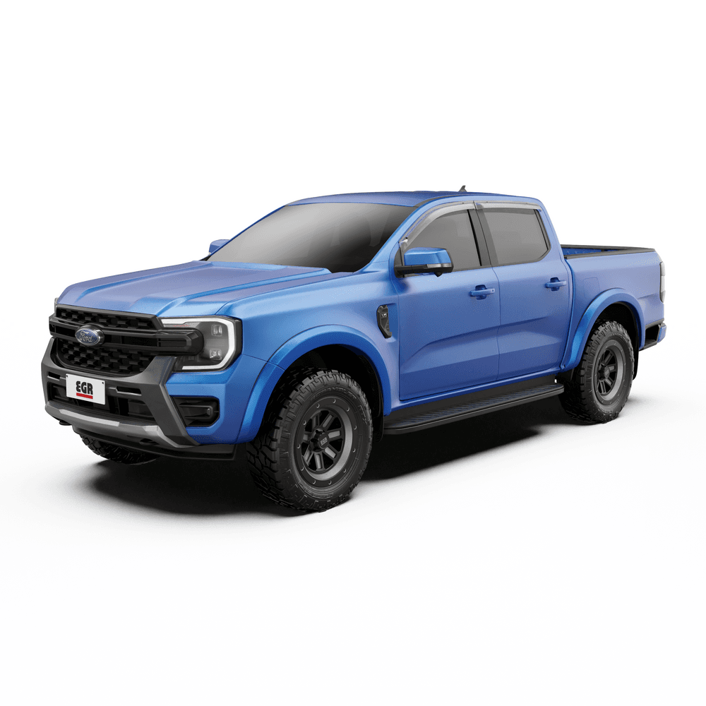 Front three-quarter view of Ford Ranger RA 2022 fitted with EGR slimline weather shields on side windows