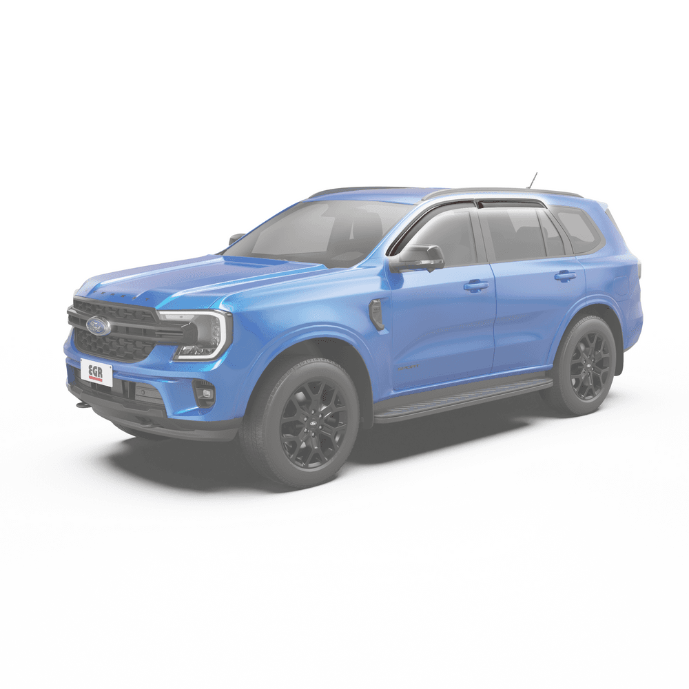 Front three-quarter view of Ford Everest EK 2023 highlighting slimline weather shields integrated seamlessly with door frames