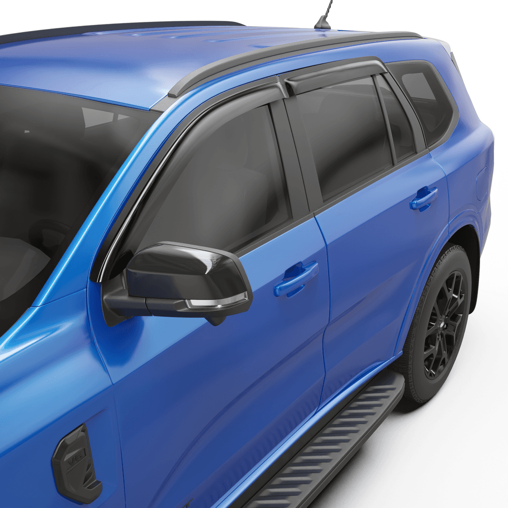 Close-up of EGR Slimline Weather Shield on Ford Everest EK door, showing low-profile acrylic construction and no-drill fitment