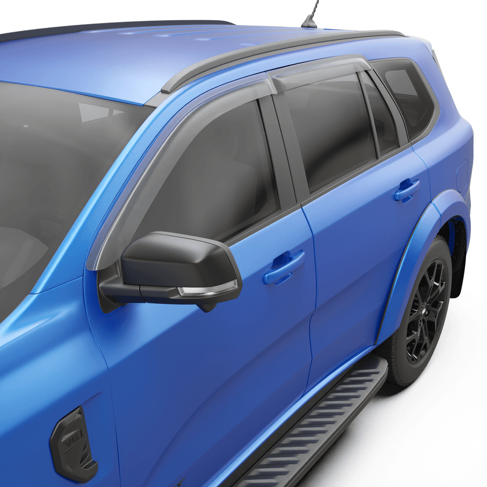 Close-up of EGR Slimline Weather Shield on Ford Everest EK door, showing low-profile acrylic construction and no-drill fitment