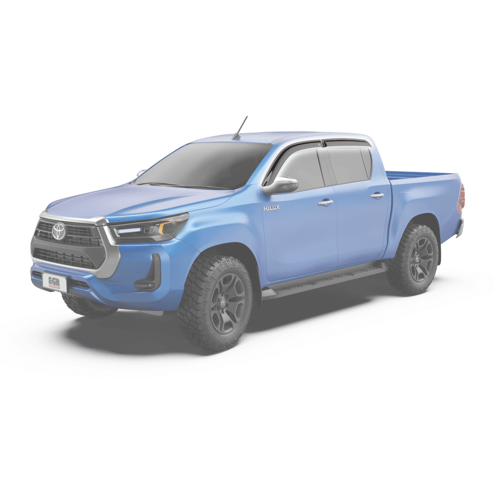 Side view of Toyota Hilux with EGR Slimline Weather Shields installed on front and rear doors