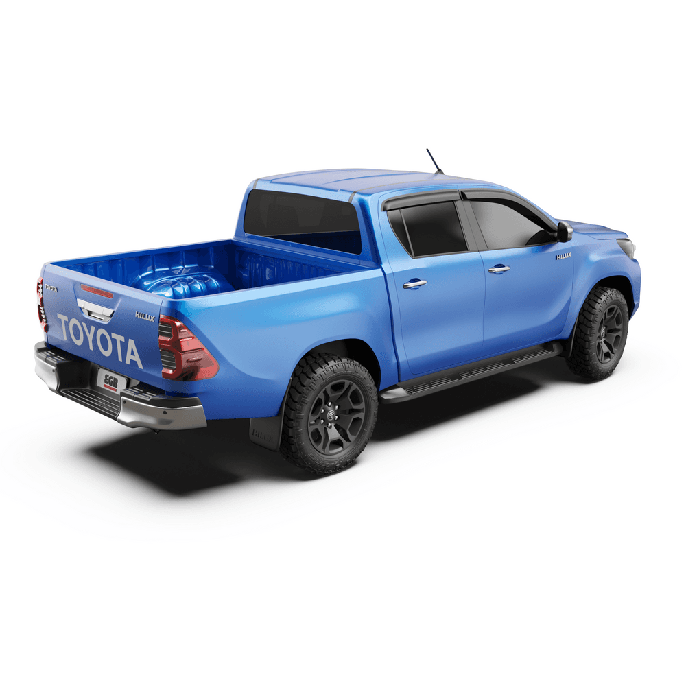 Rear three-quarter view of Toyota Hilux highlighting EGR Slimline Weather Shields for improved airflow and rain protection